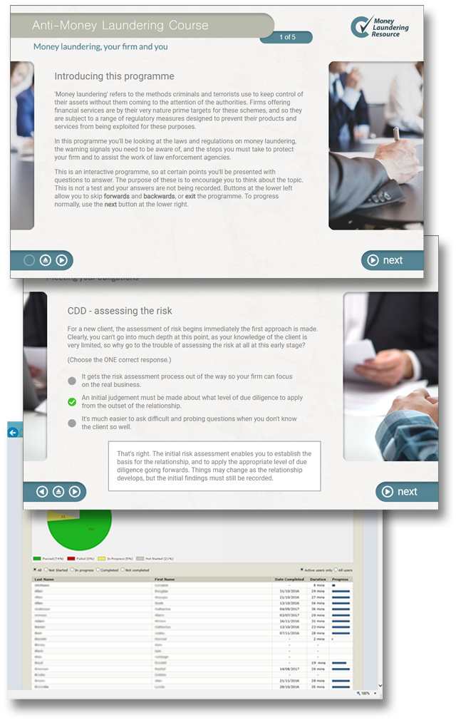 Product image showing anti-money laundering online training screens