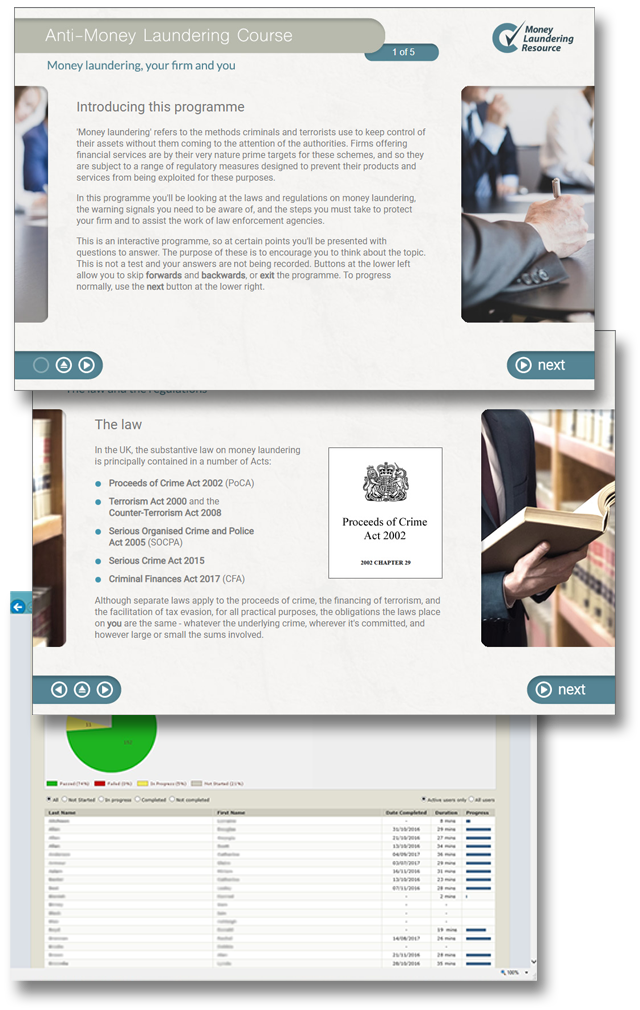 Product image showing anti-money laundering online training screens