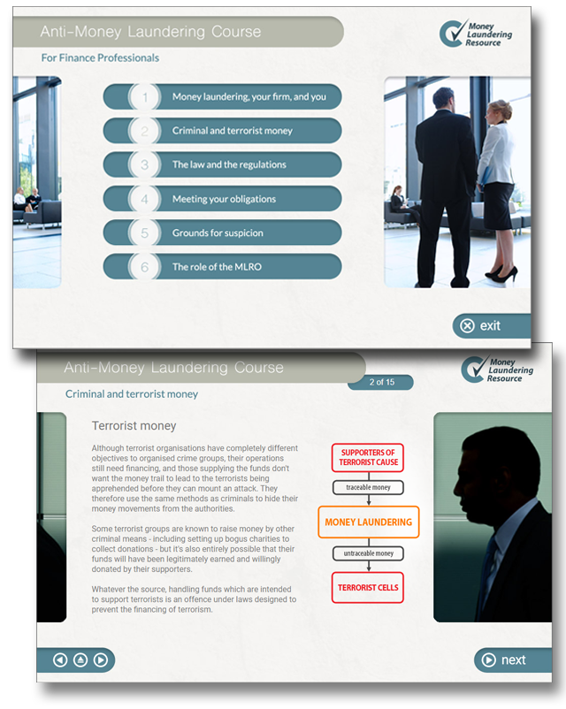 Product image showing anti-money laundering online training screens