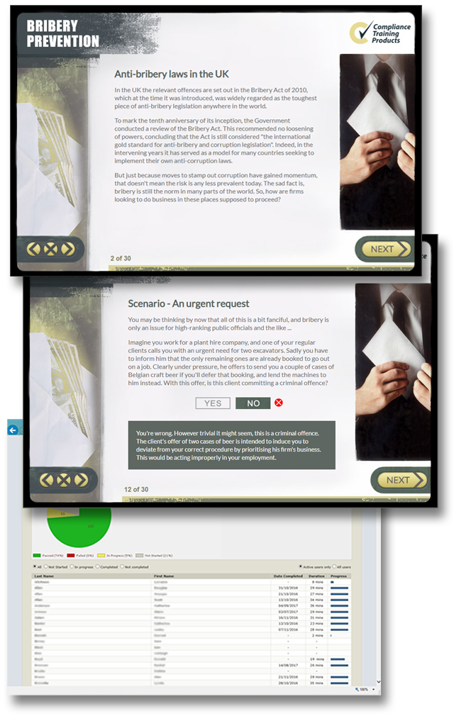 Product image showing bribery prevention online training screens